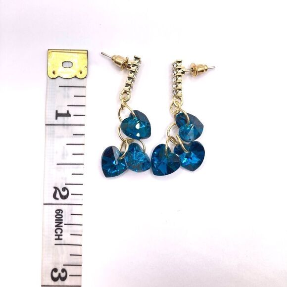 Gold Rhinestone Inlaid Heart Sterling Silver Post Drop Earrings - Picture 4 of 4